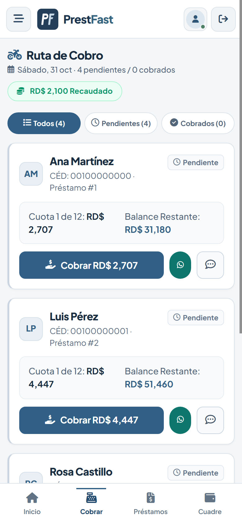 Ruta de cobro real de PrestFast en un teléfono, con préstamos asignados y botón de cobro